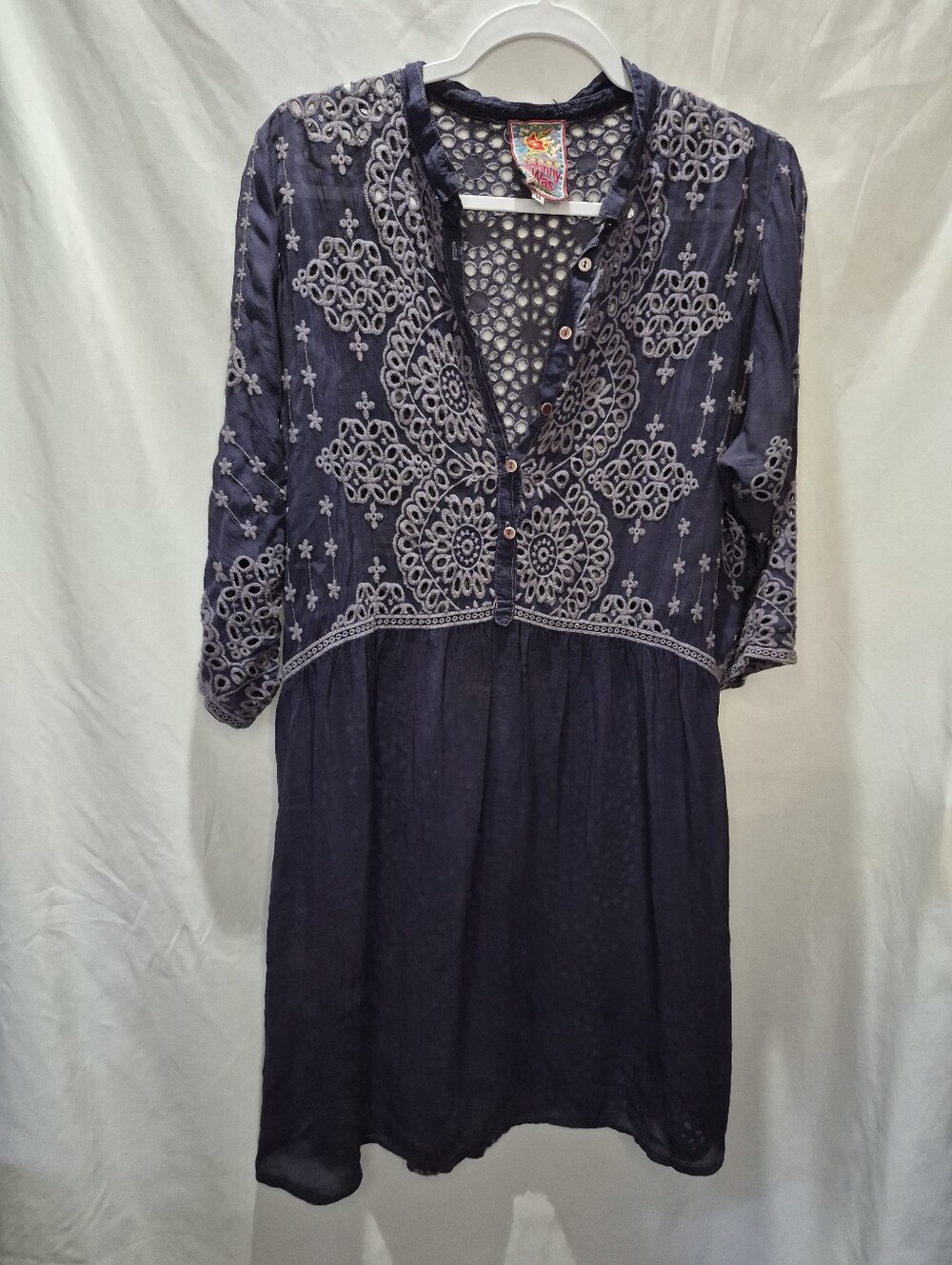 Johnny Was M Navy Embroidered Eyelet Boho Tunic Dress Cupra Rayon